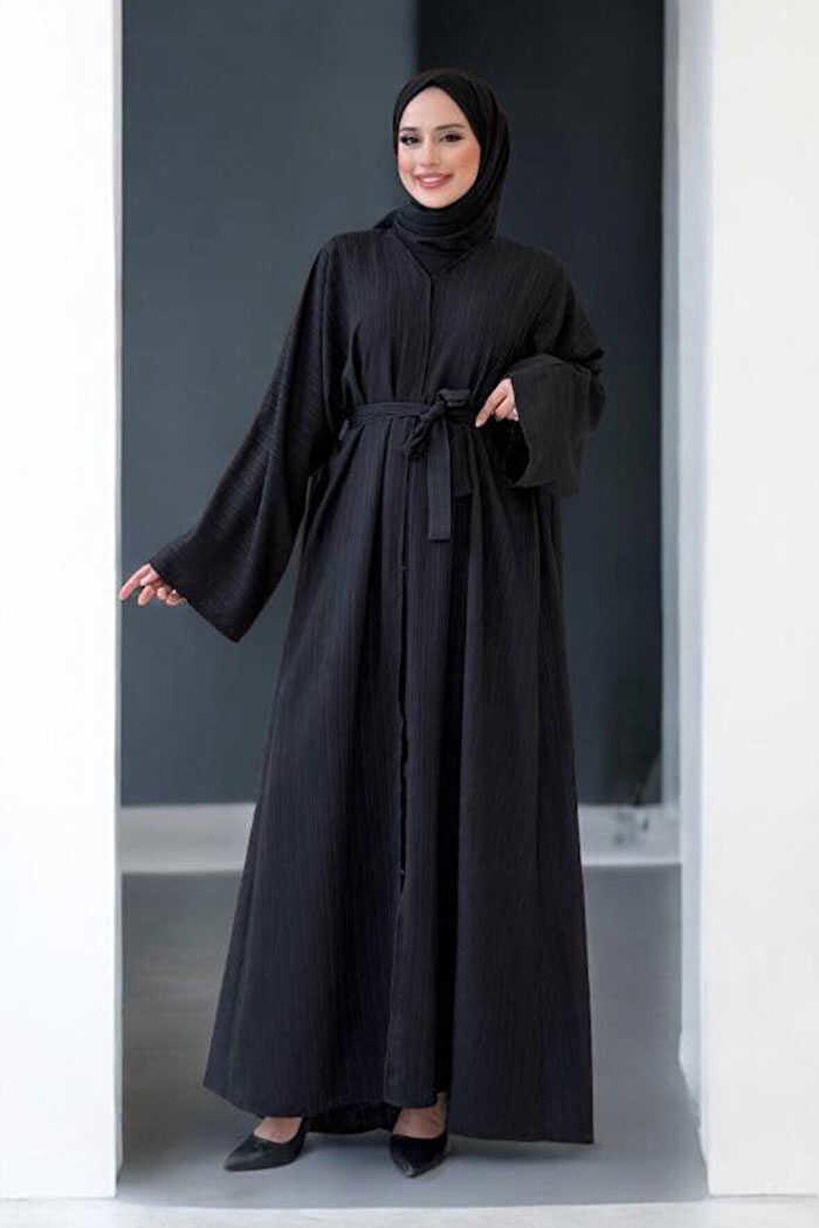 Çıt Çıt Düğmeli Bel Kuşaklı Abaya 70017 Siyah