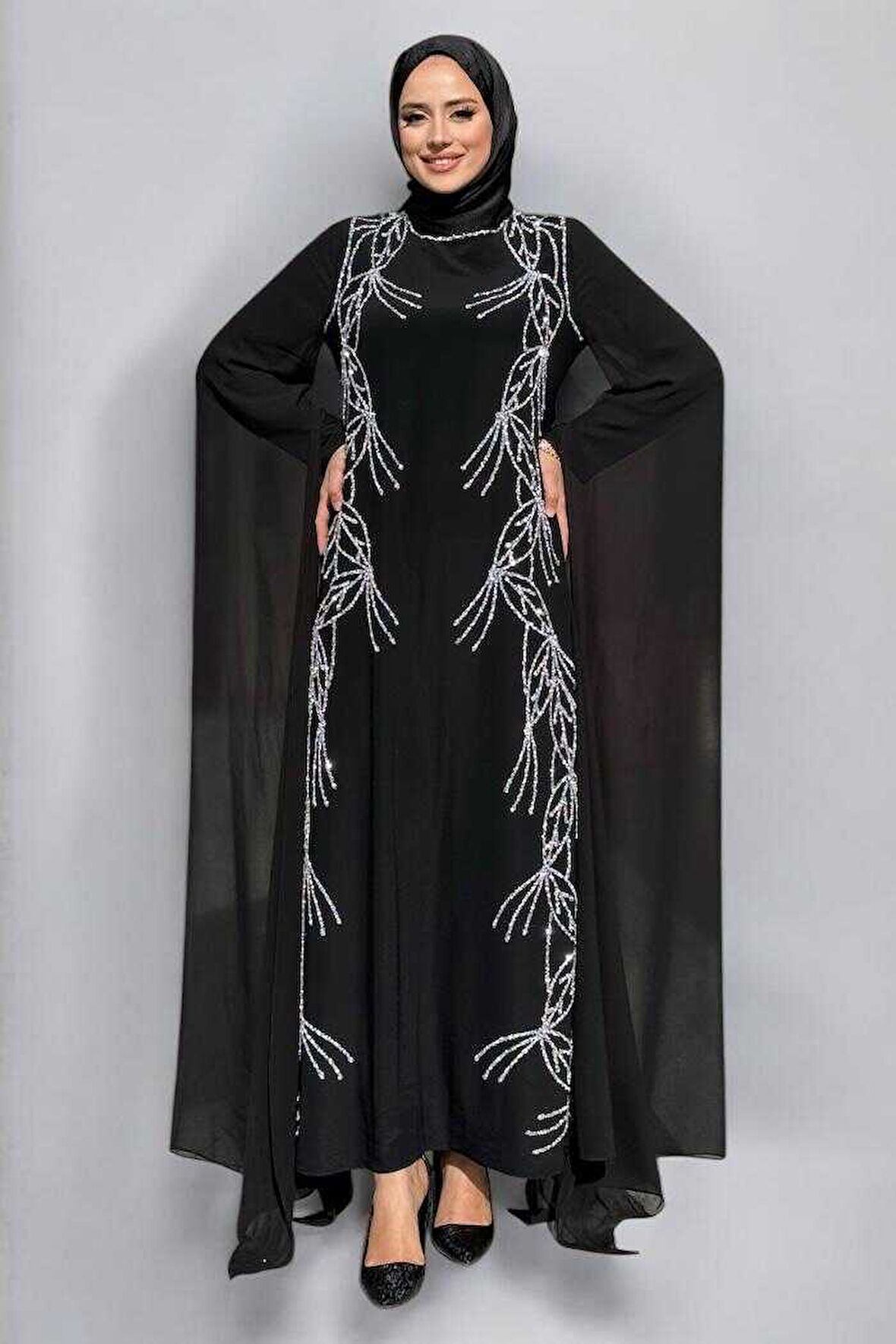 Kolları Pelerinli Taş Detaylı Abiye Elbise 3958 Siyah