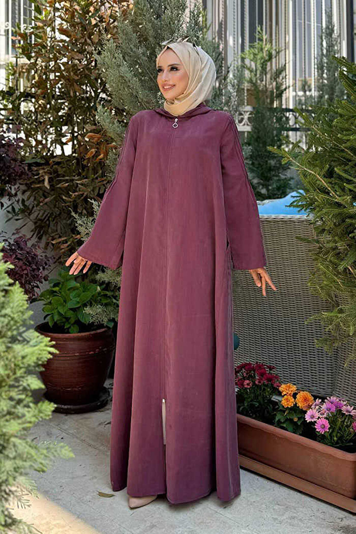 Fermuarlı Kapüşonlu Ferace 70016 Mürdüm