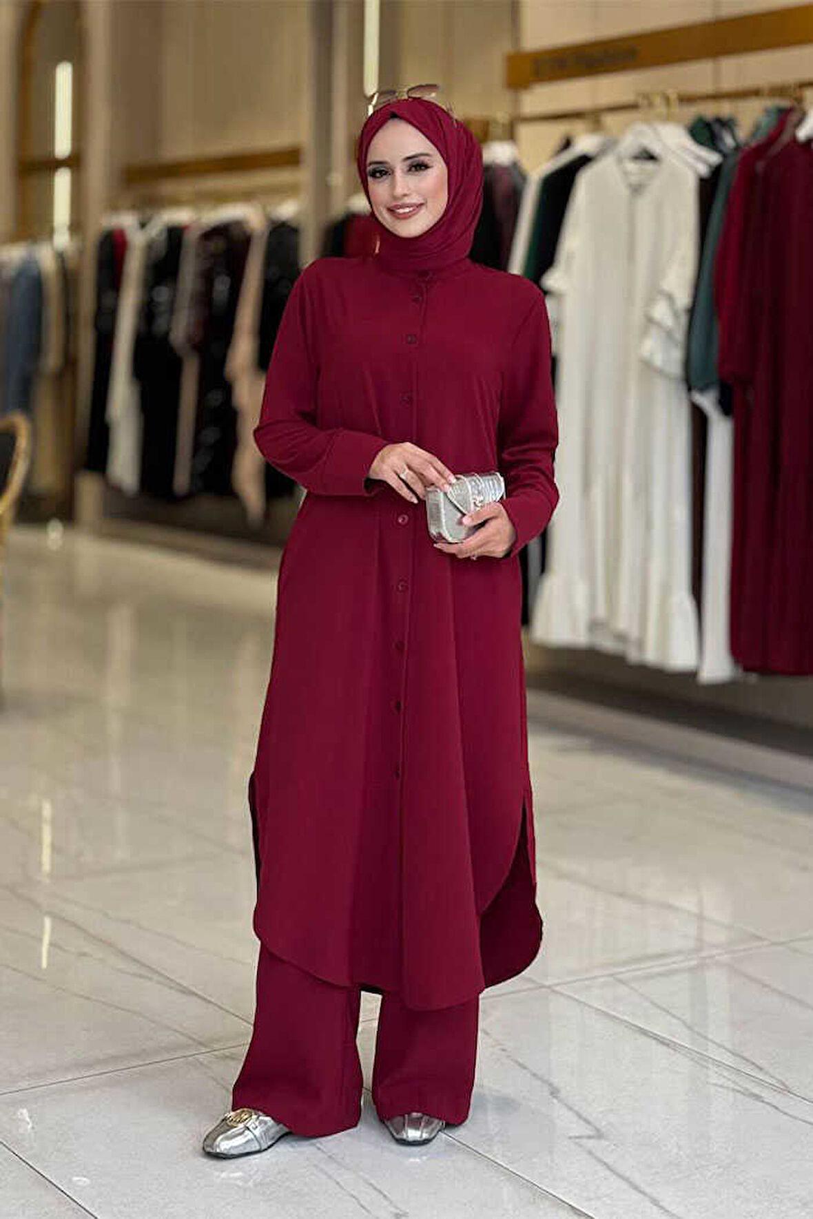 Düğmeli Cepli Tunik ve Pantolon İkili Takım 8682 Bordo