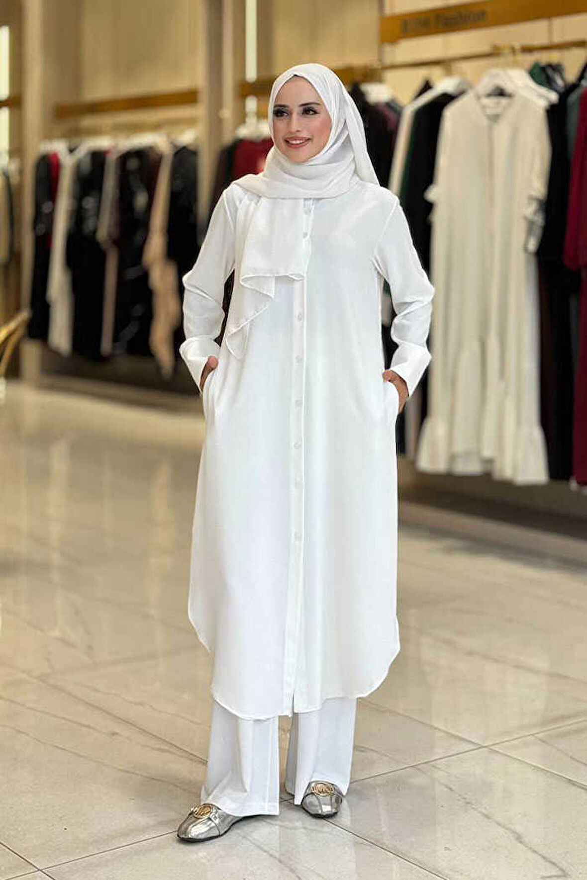 Düğmeli Cepli Tunik ve Pantolon İkili Takım 8682 Ekru