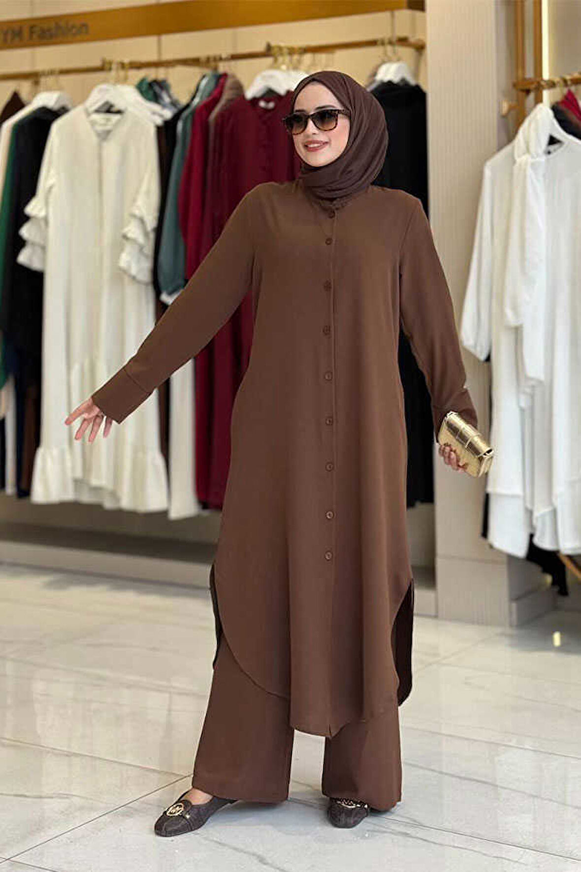 Düğmeli Cepli Tunik ve Pantolon İkili Takım 8682 Kahverengi