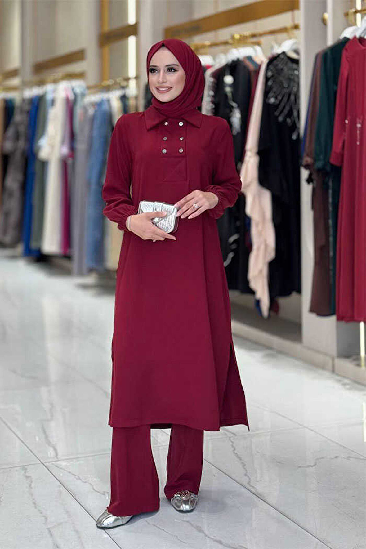 Çıt Çıt Düğme Detaylı Tunik Pantolon İkili Takım 8681 Bordo