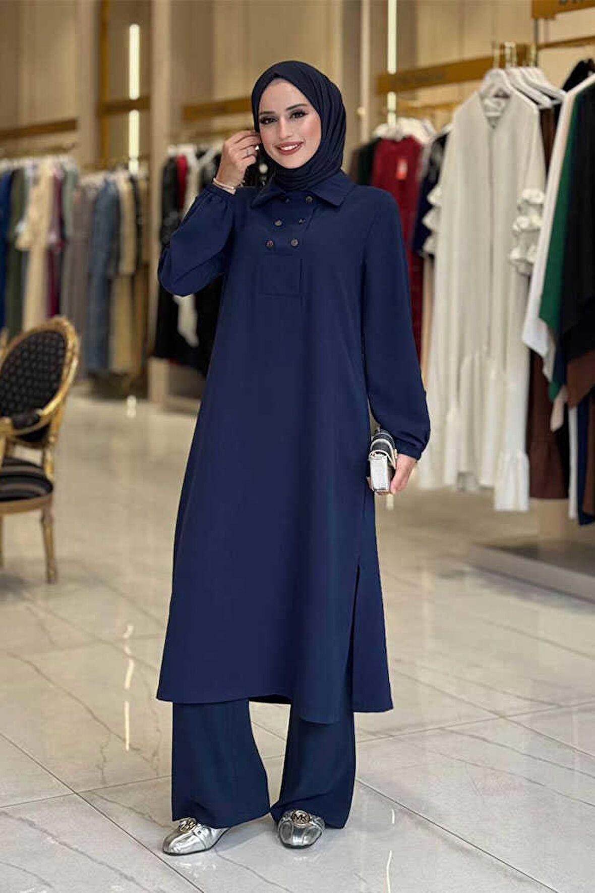 Çıt Çıt Düğme Detaylı Tunik Pantolon İkili Takım 8681 Lacivert