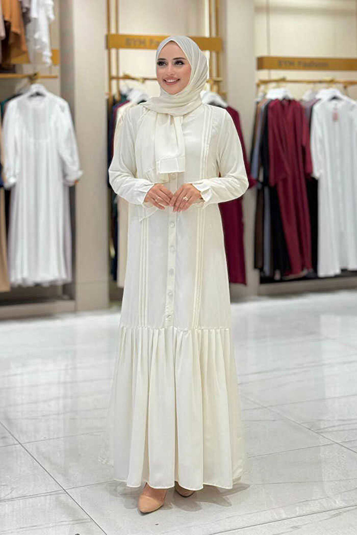 Pilise Detay Elbise Şal İkili Takım 6039 Ekru