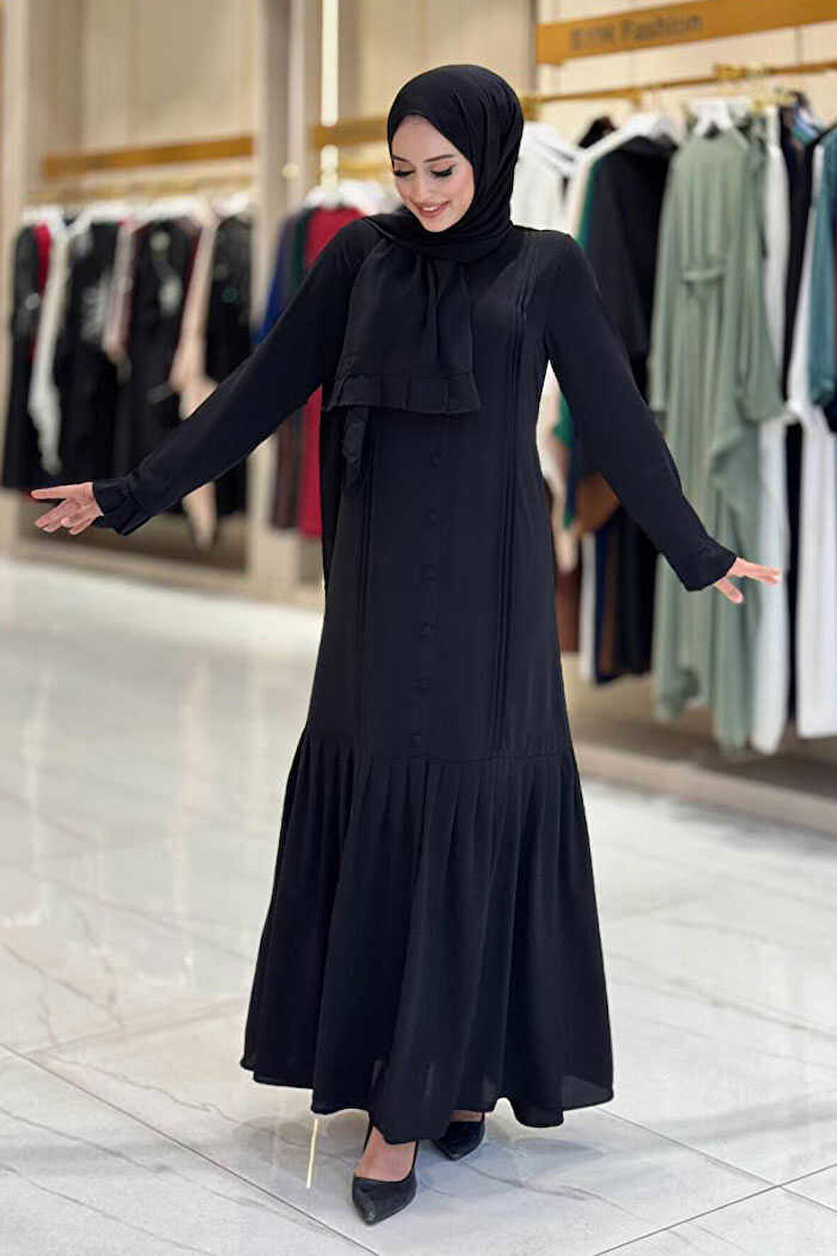 Pilise Detay Elbise Şal İkili Takım 6039 Siyah