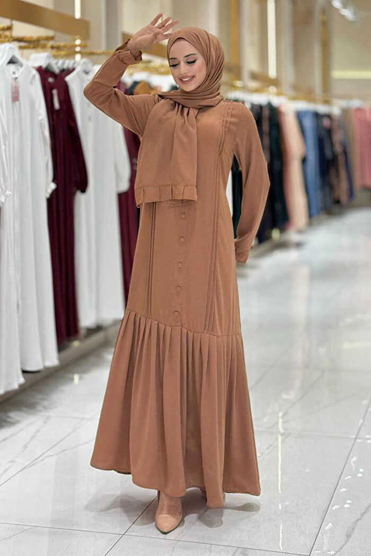 Pilise Detay Elbise Şal İkili Takım 6039 Taba