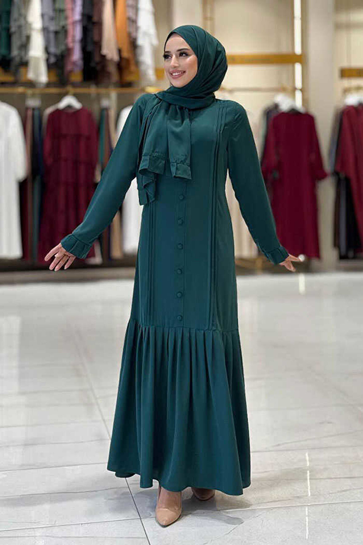 Pilise Detay Elbise Şal İkili Takım 6039 Zümrüt