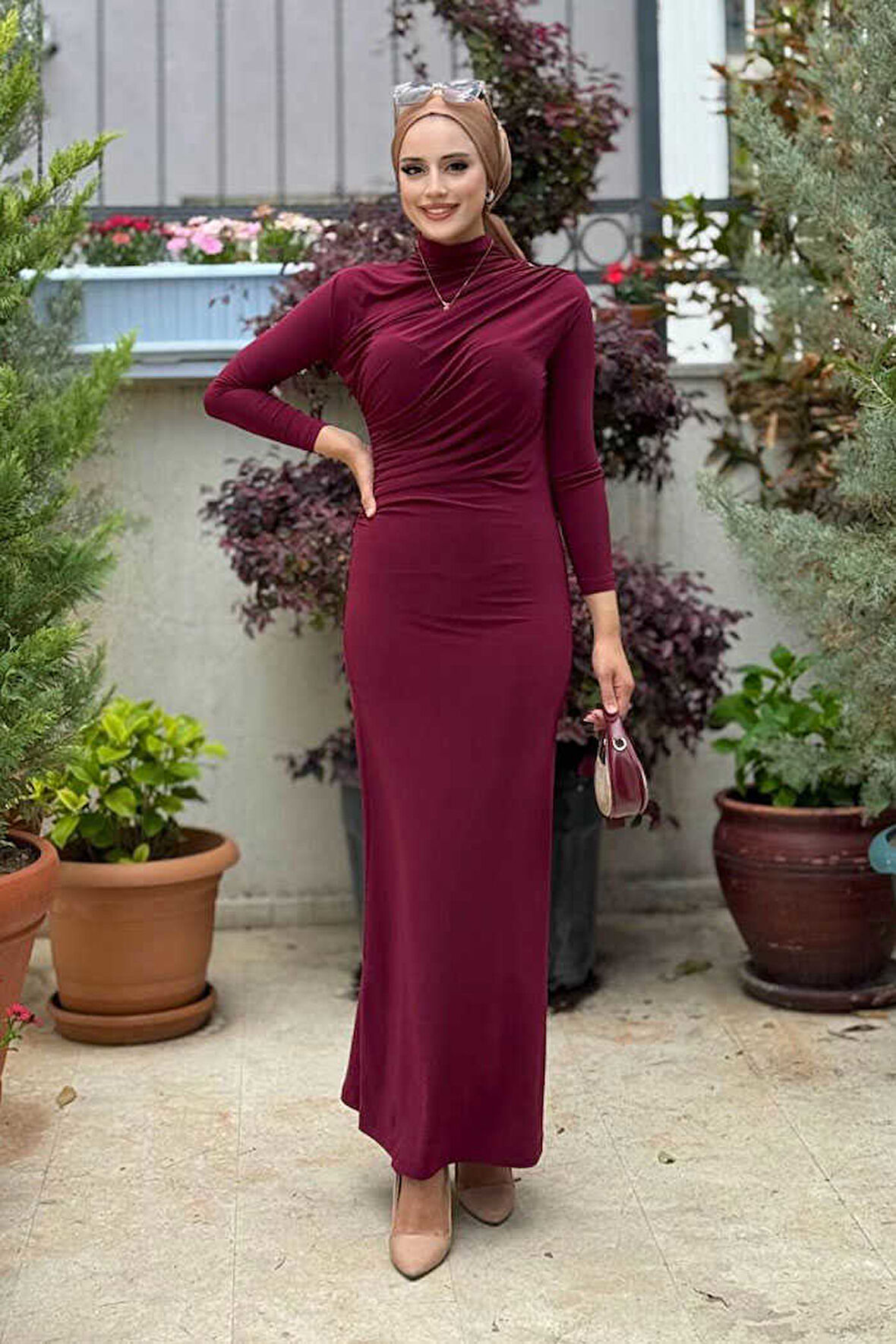 Büzgü Detaylı Sandy Elbise 3970 Bordo