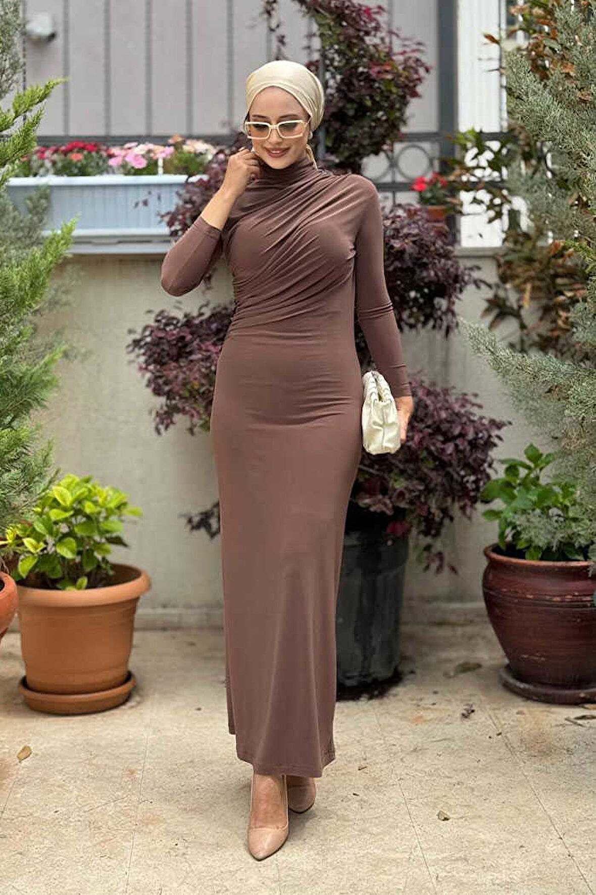 Büzgü Detaylı Sandy Elbise 3970 Kahverengi