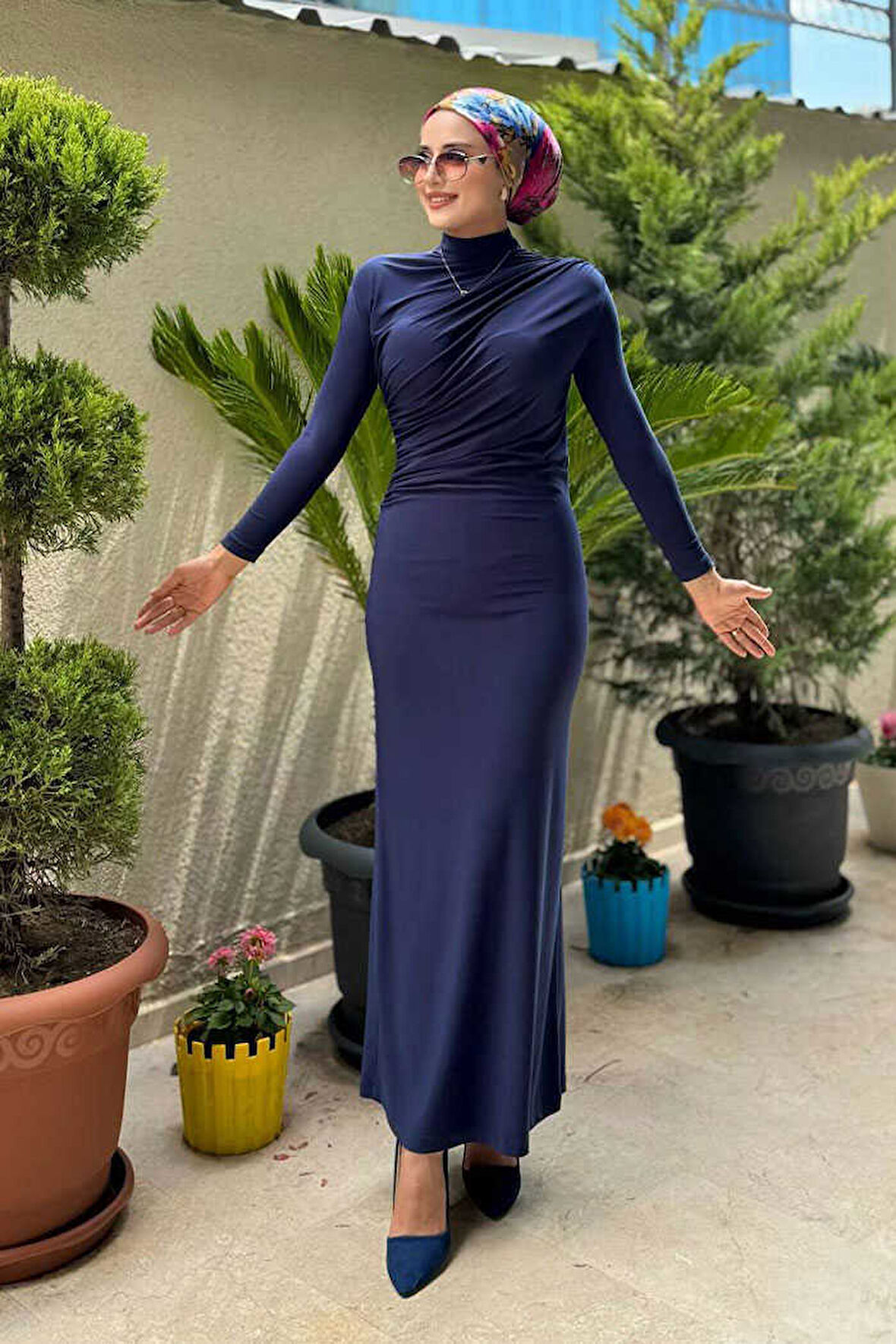 Büzgü Detaylı Sandy Elbise 3970 Lacivert