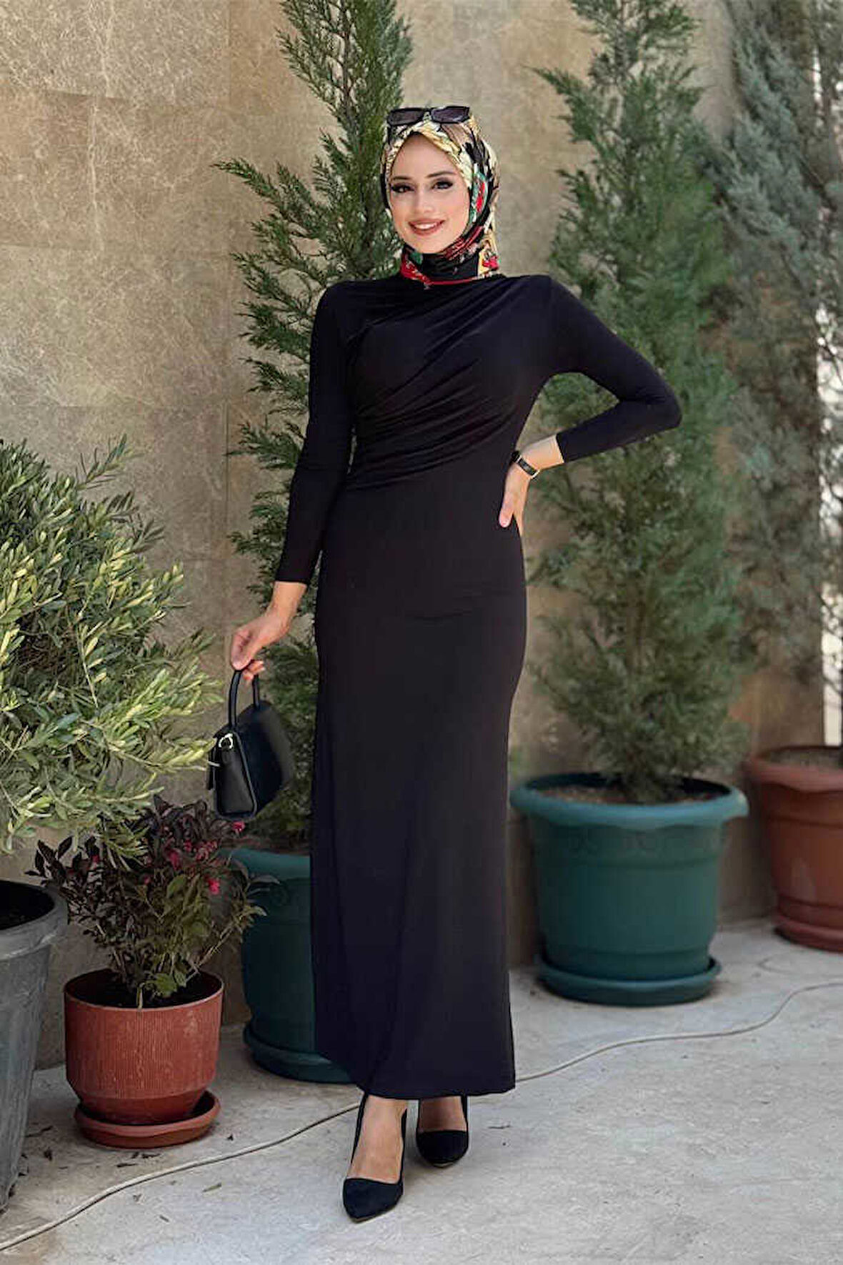 Büzgü Detaylı Sandy Elbise 3970 Siyah