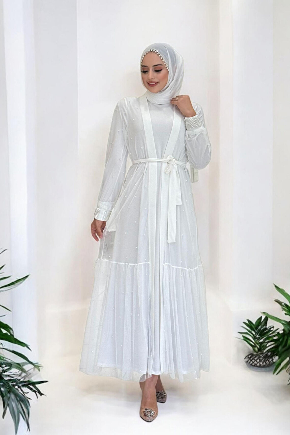İncili Abaya Ve Elbise Takım 8491 Ekru