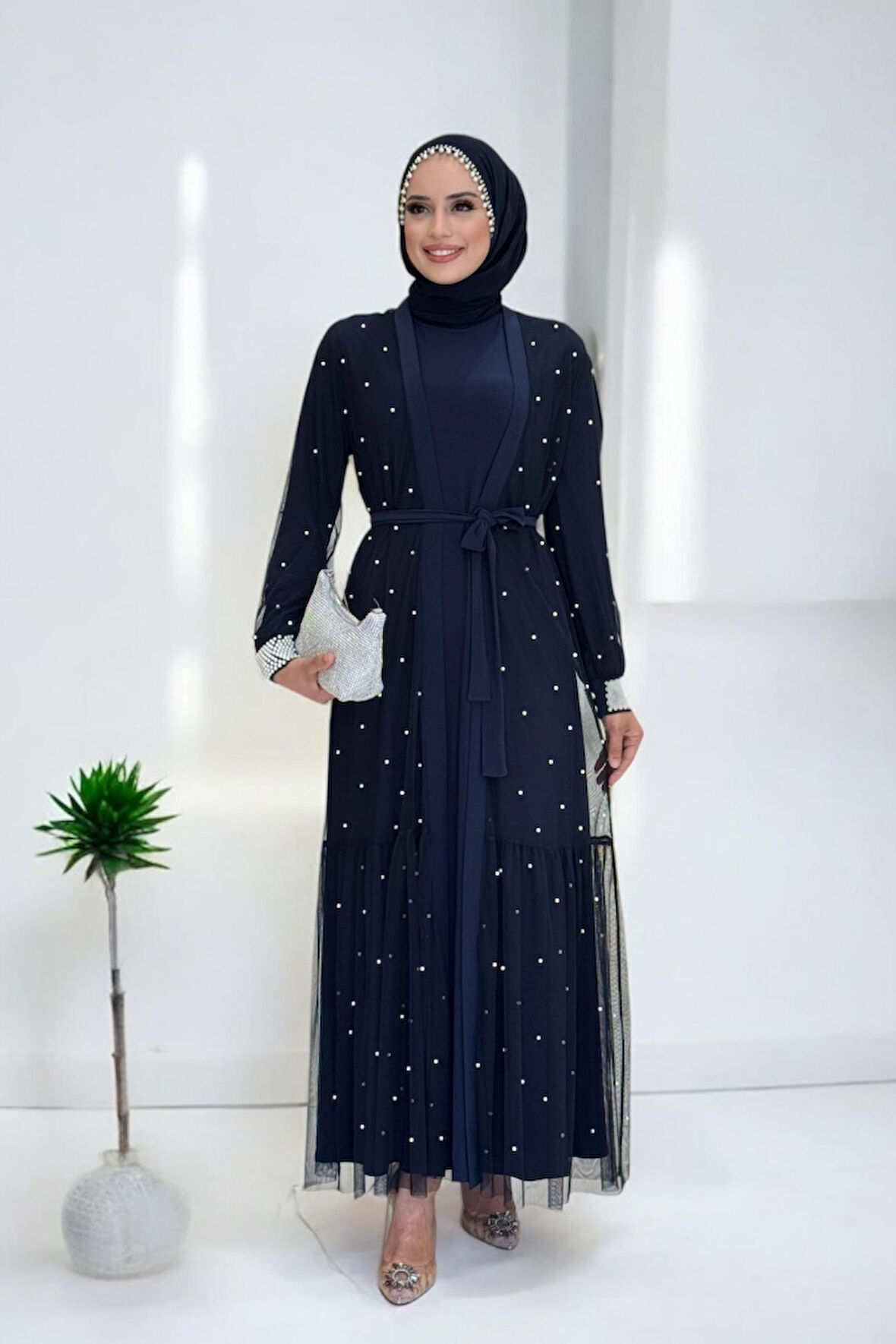 İncili Abaya Ve Elbise Takım 8491 Lacivert