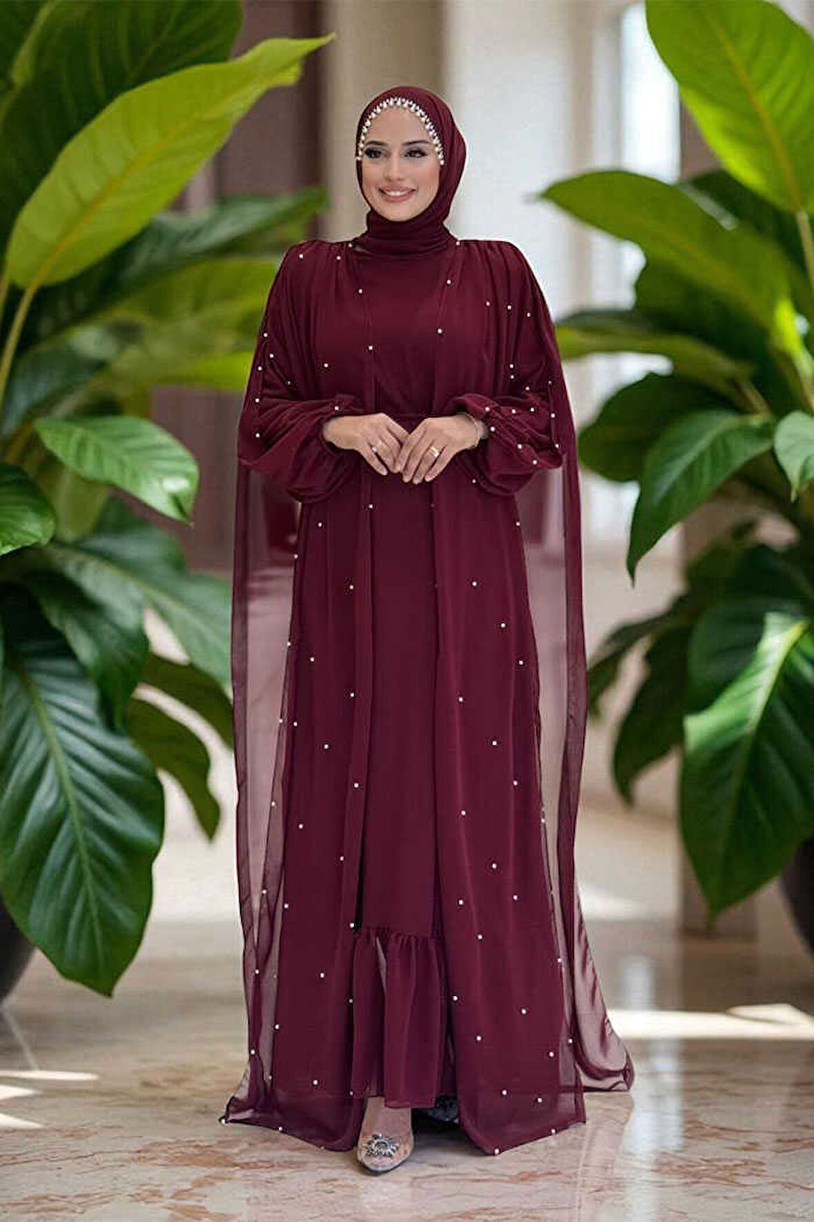 İnci Detaylı Pelerinli Elbise 3973 Bordo