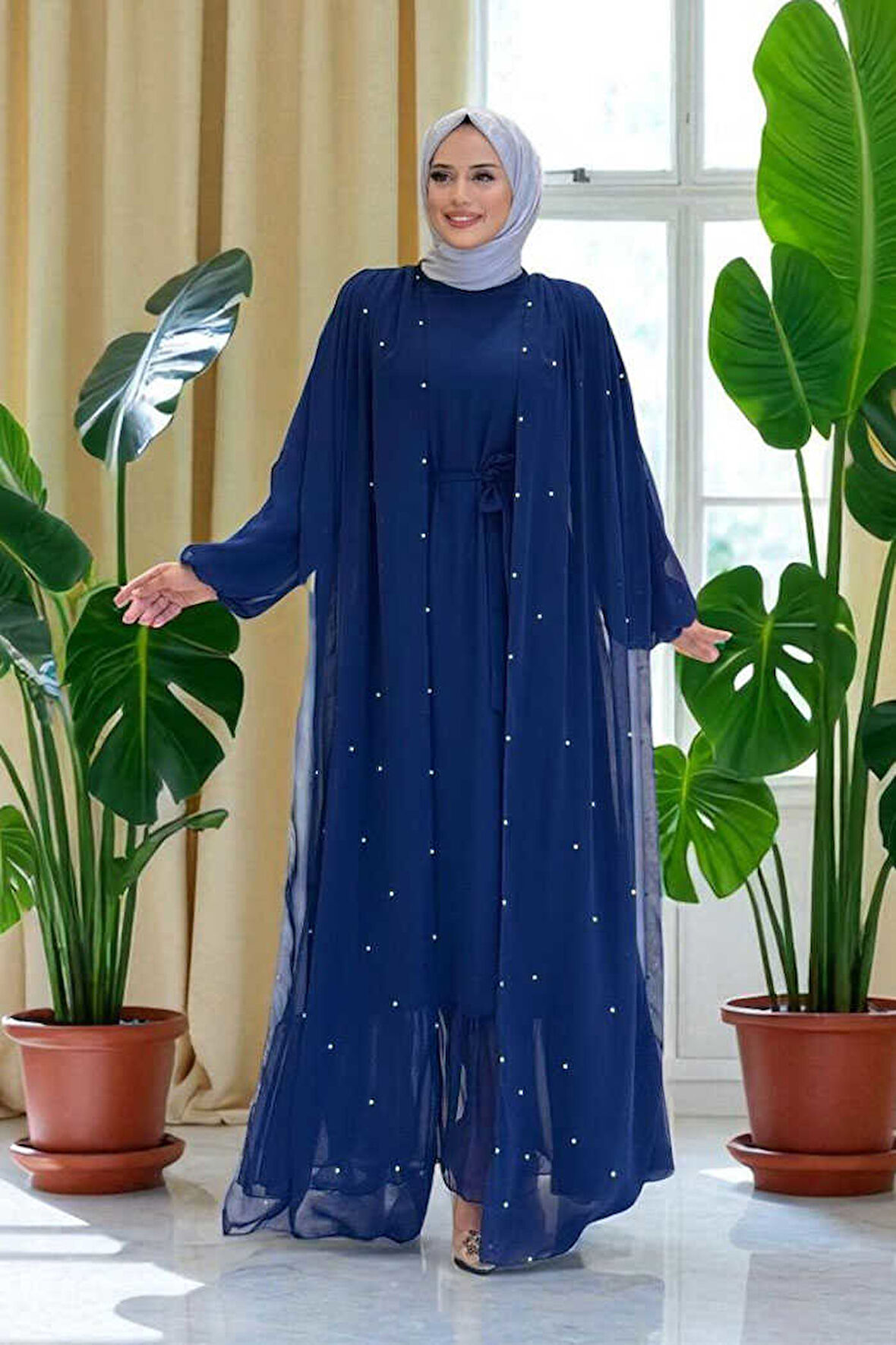 İnci Detaylı Pelerinli Elbise 3973 Lacivert