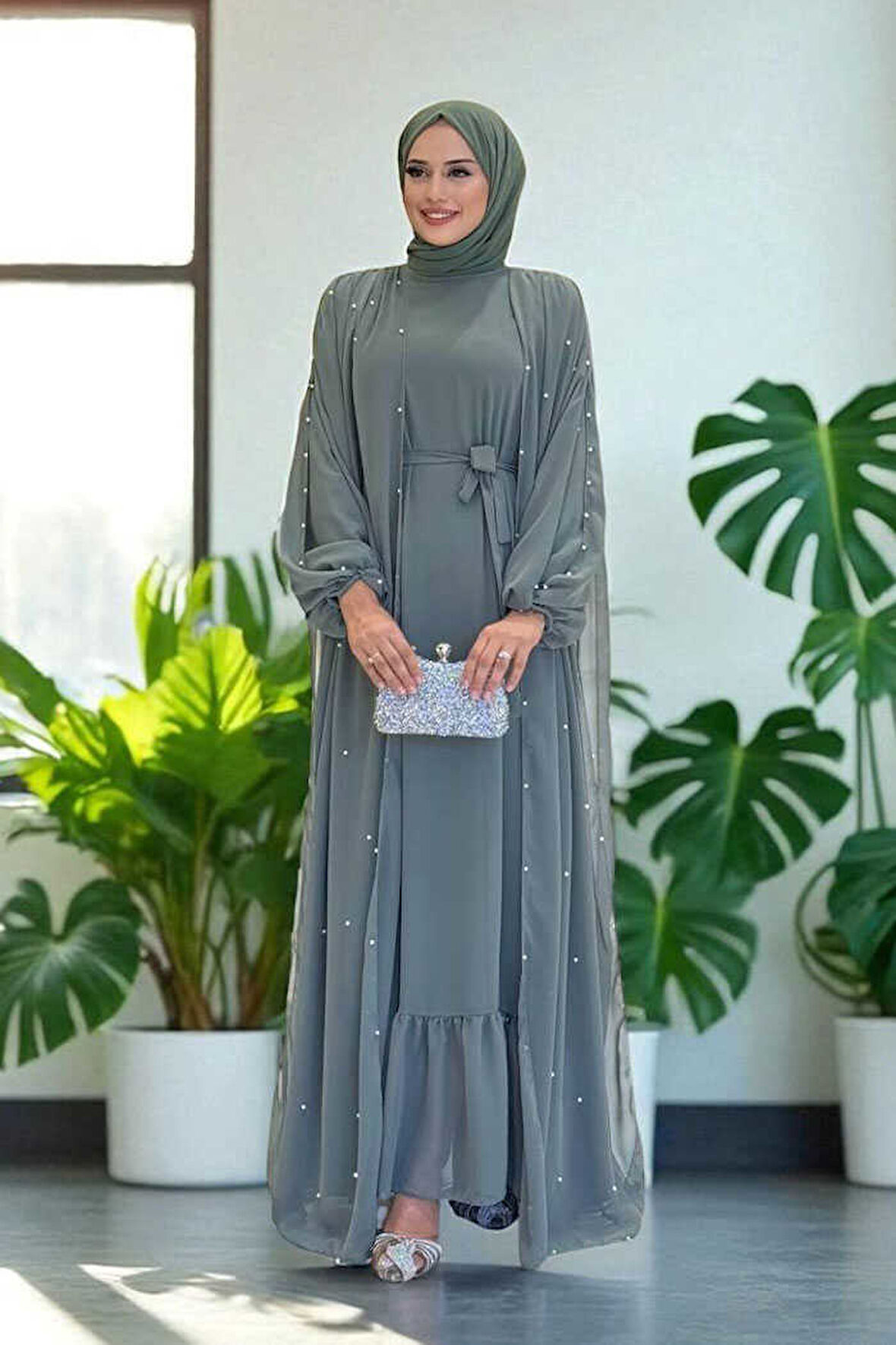 İnci Detaylı Pelerinli Elbise 3973 Mint