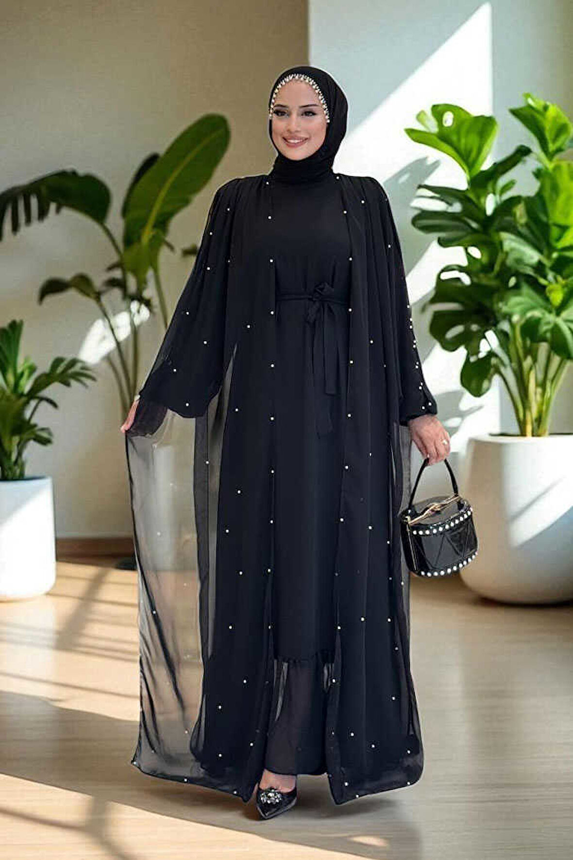 İnci Detaylı Pelerinli Elbise 3973 Siyah