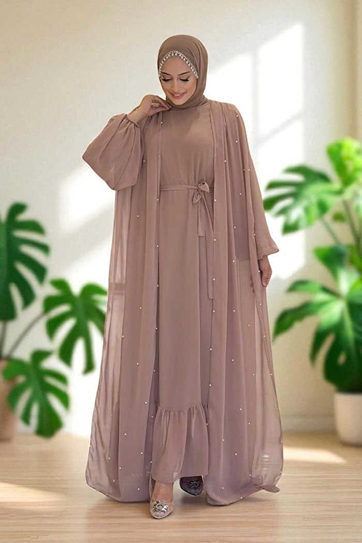 İnci Detaylı Pelerinli Elbise 3973 Vizon