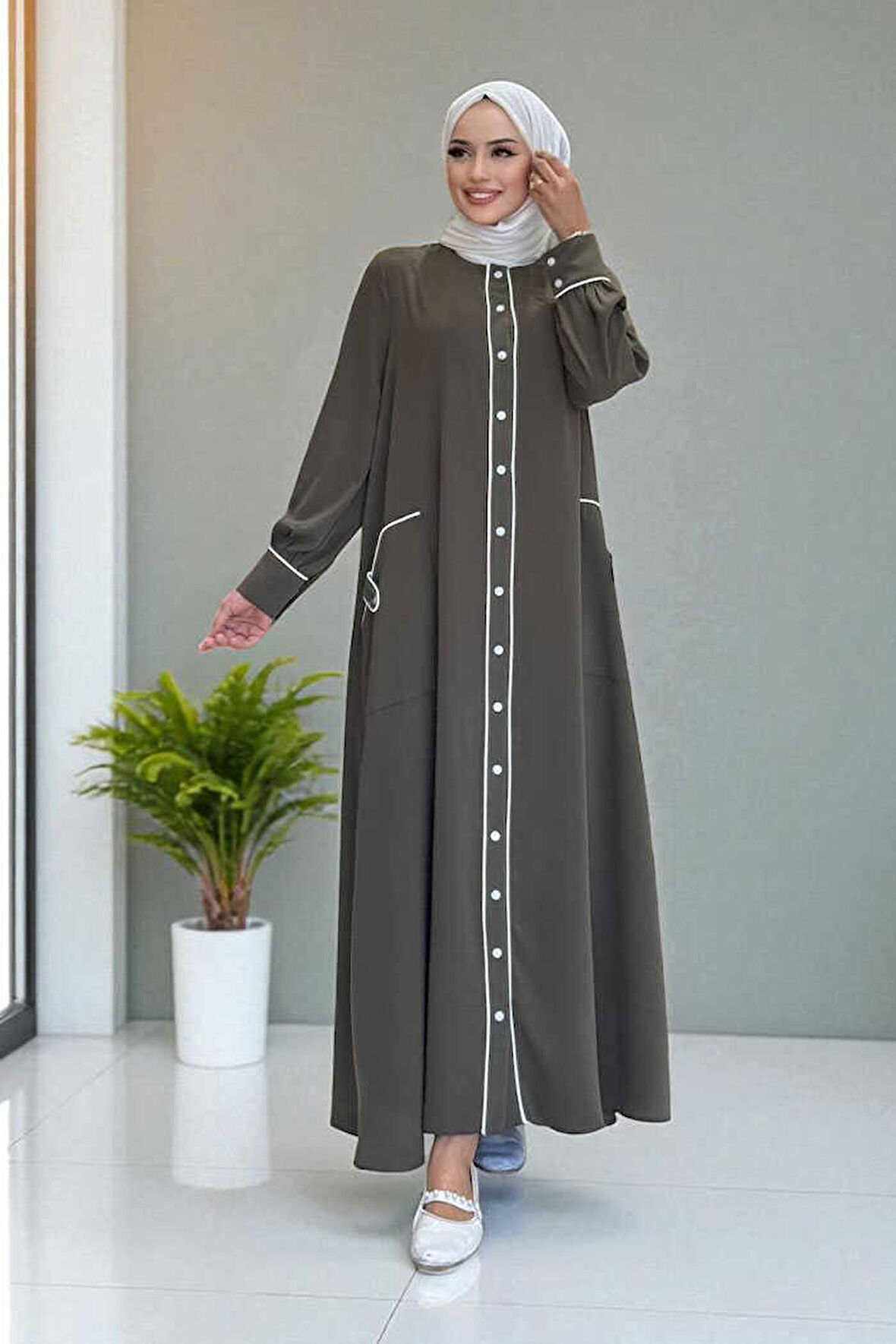 Boydan Düğmeli Ferace Elbise 3975 Haki