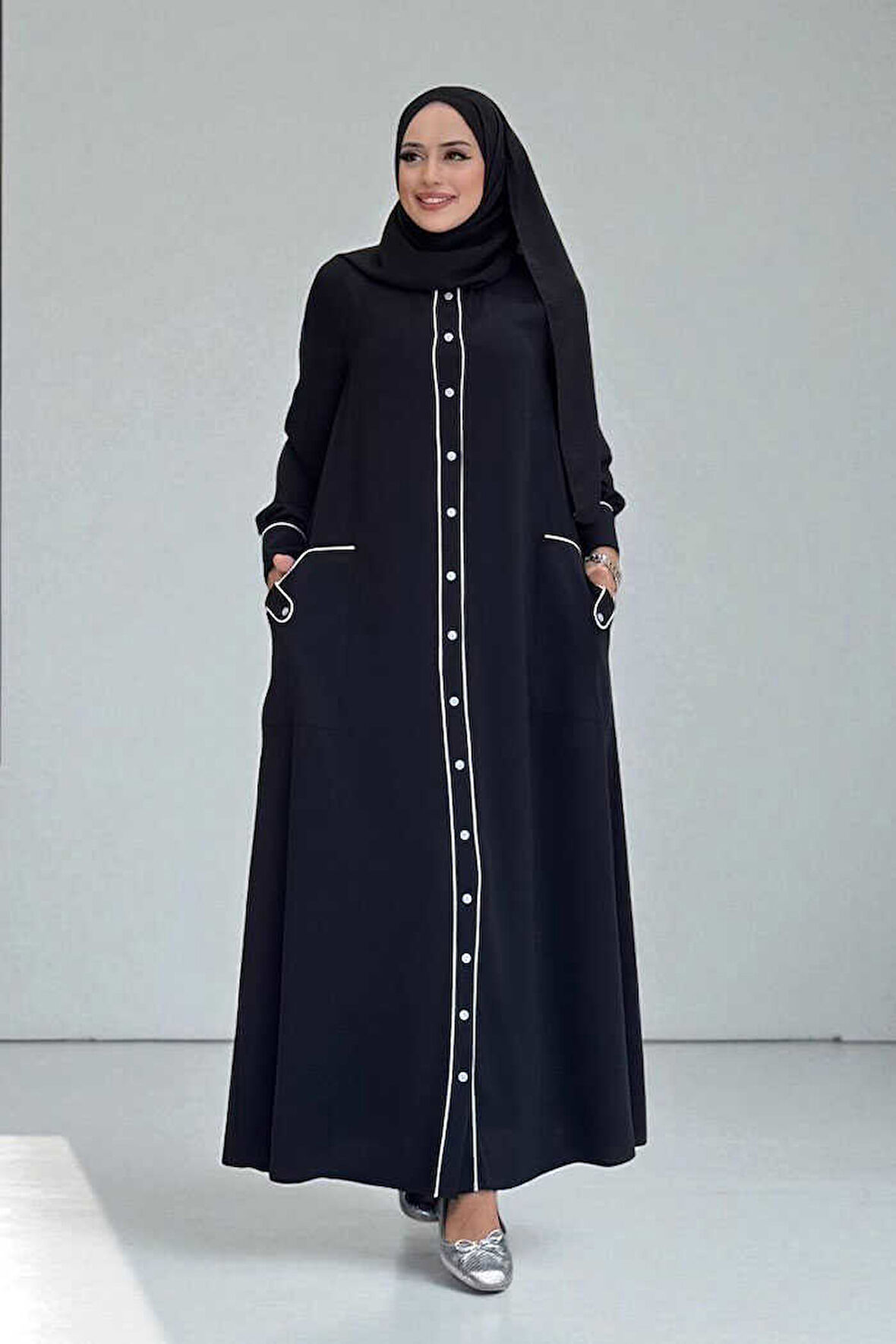 Boydan Düğmeli Ferace Elbise 3975 Siyah