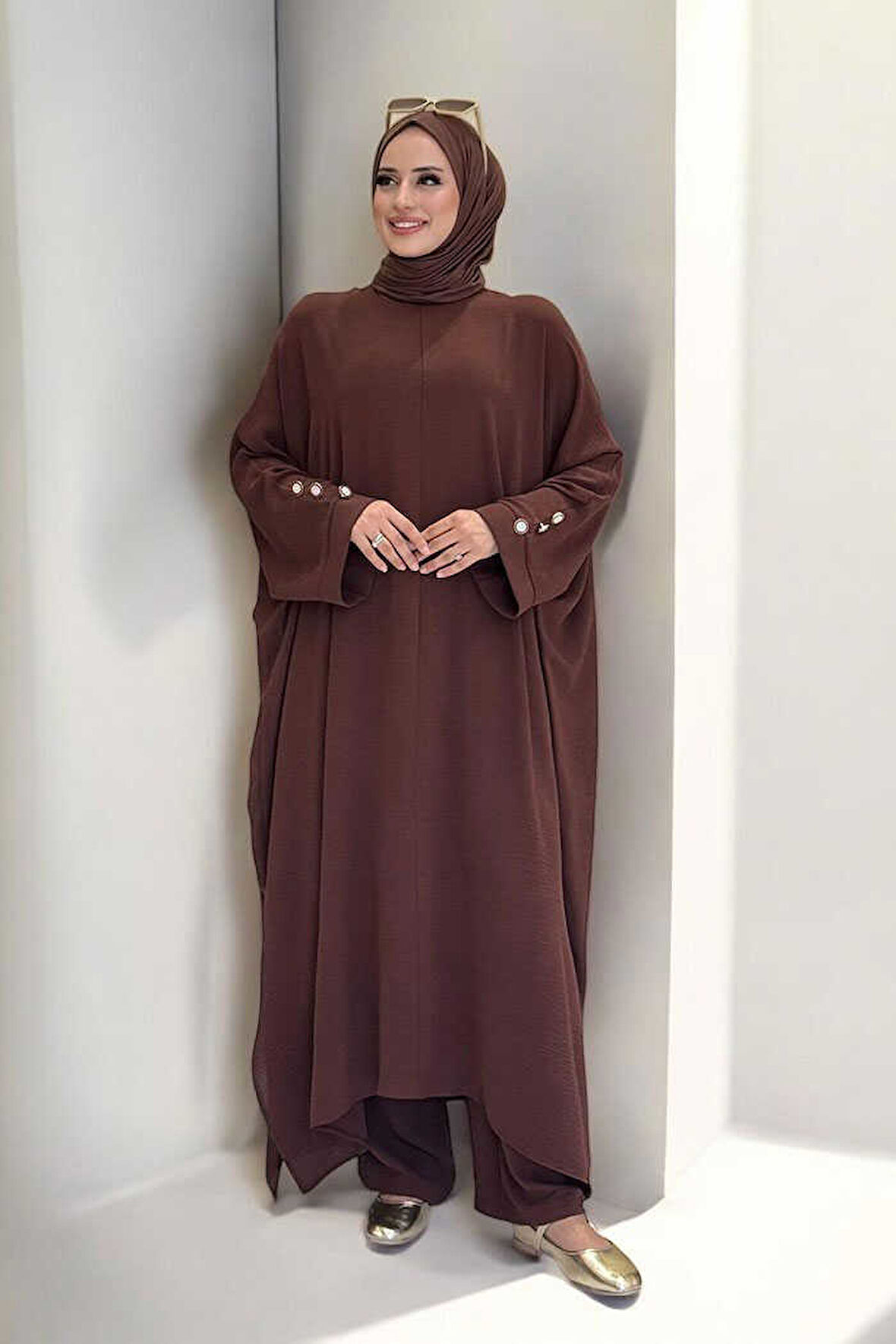 Kol Düğme Detaylı Tunik Pantolon İkili Takım 8688 Kahverengi