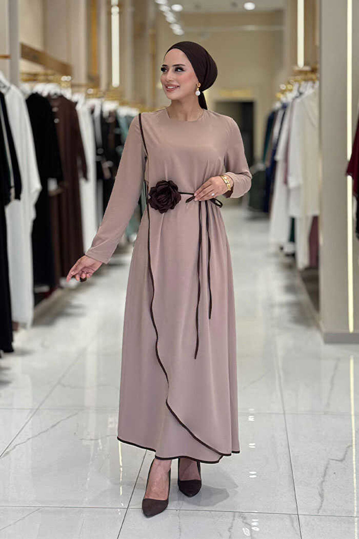 Gül Detaylı Elbise 3976 Vizon