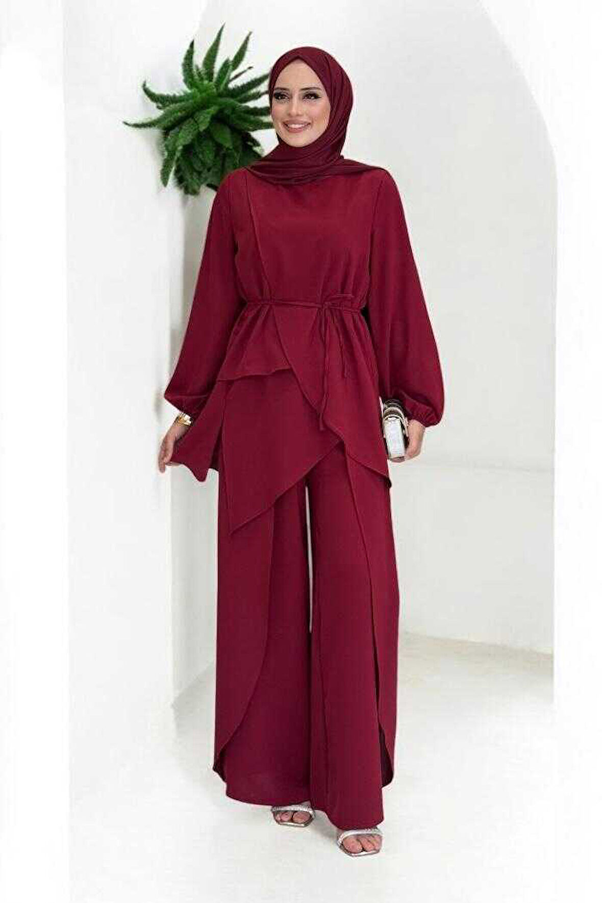 Asimetrik Kesim Tunik Pantolon İkili Takım 8694 Bordo
