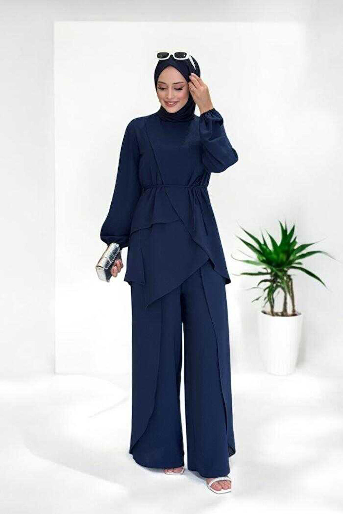 Asimetrik Kesim Tunik Pantolon İkili Takım 8694 Lacivert