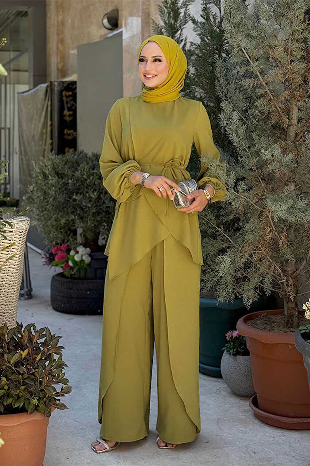 Asimetrik Kesim Tunik Pantolon İkili Takım 8694 Yağ Yeşili