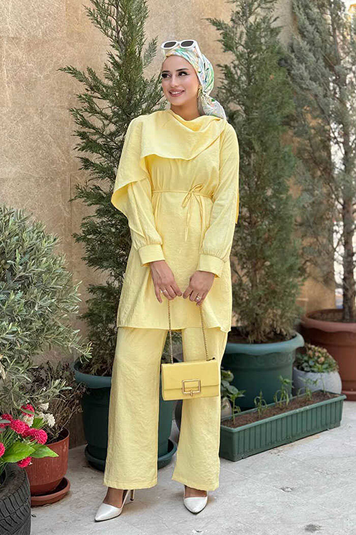 Sedef Kumaş Tunik Pantolon İkili Takım 8693 Sarı