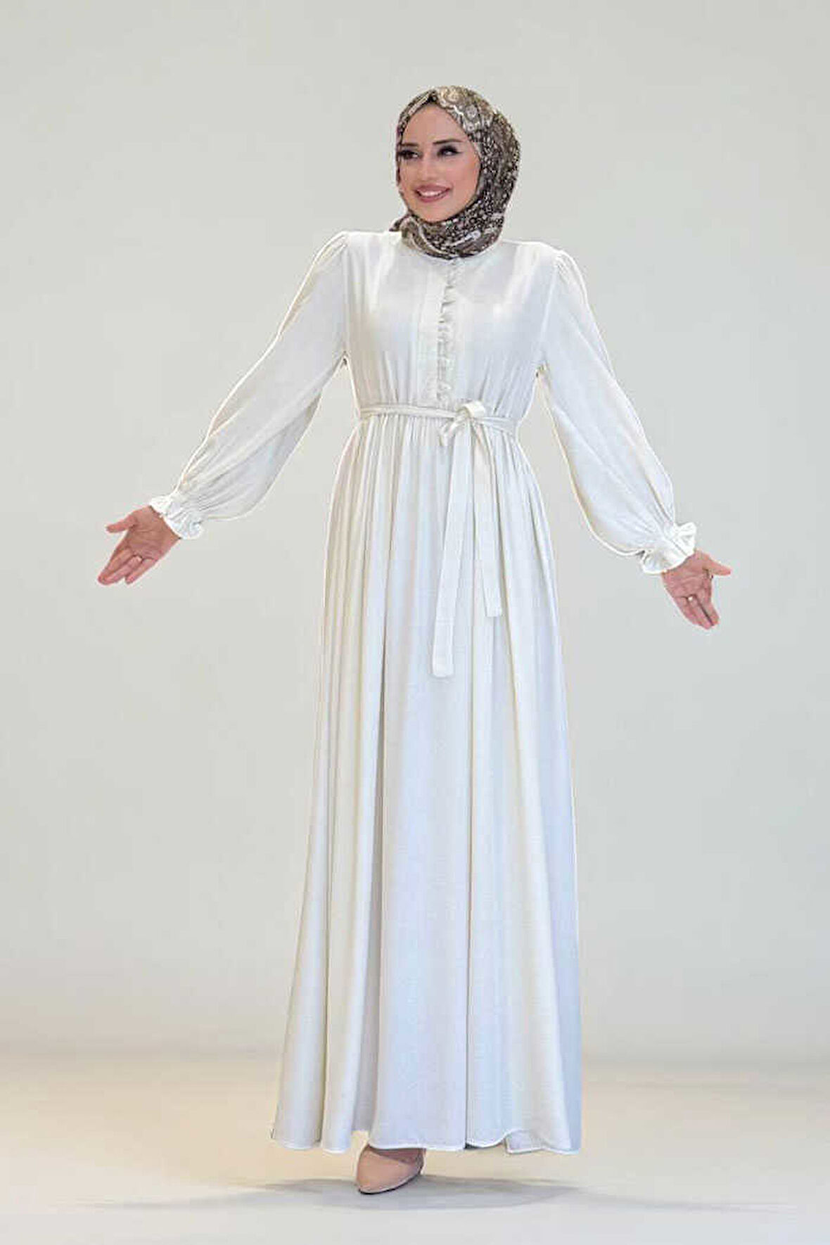 Kolları Lastikli Önü Düğme Detaylı Elbise 6040 Ekru