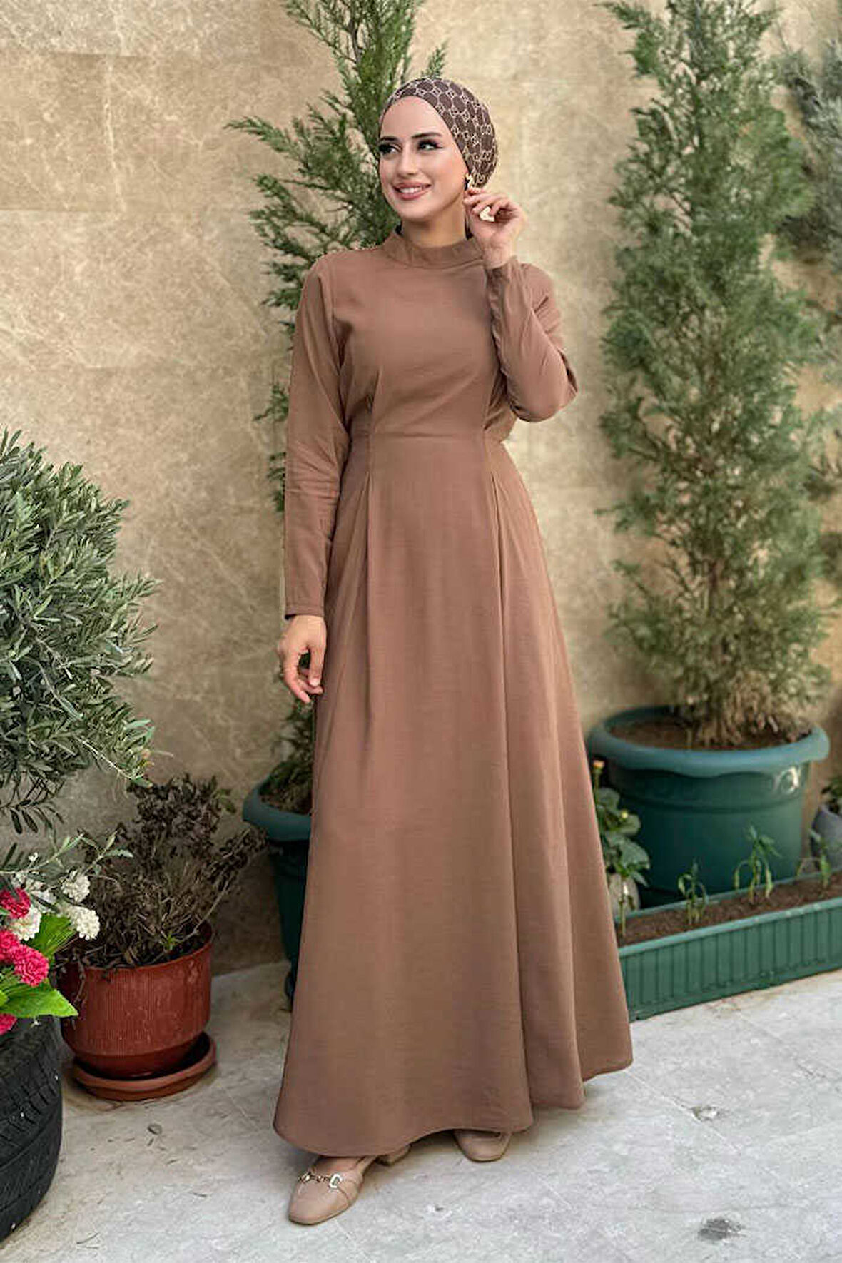 Bel Kuşaklı Kol Fermuar Detaylı Elbise 6041 Taba
