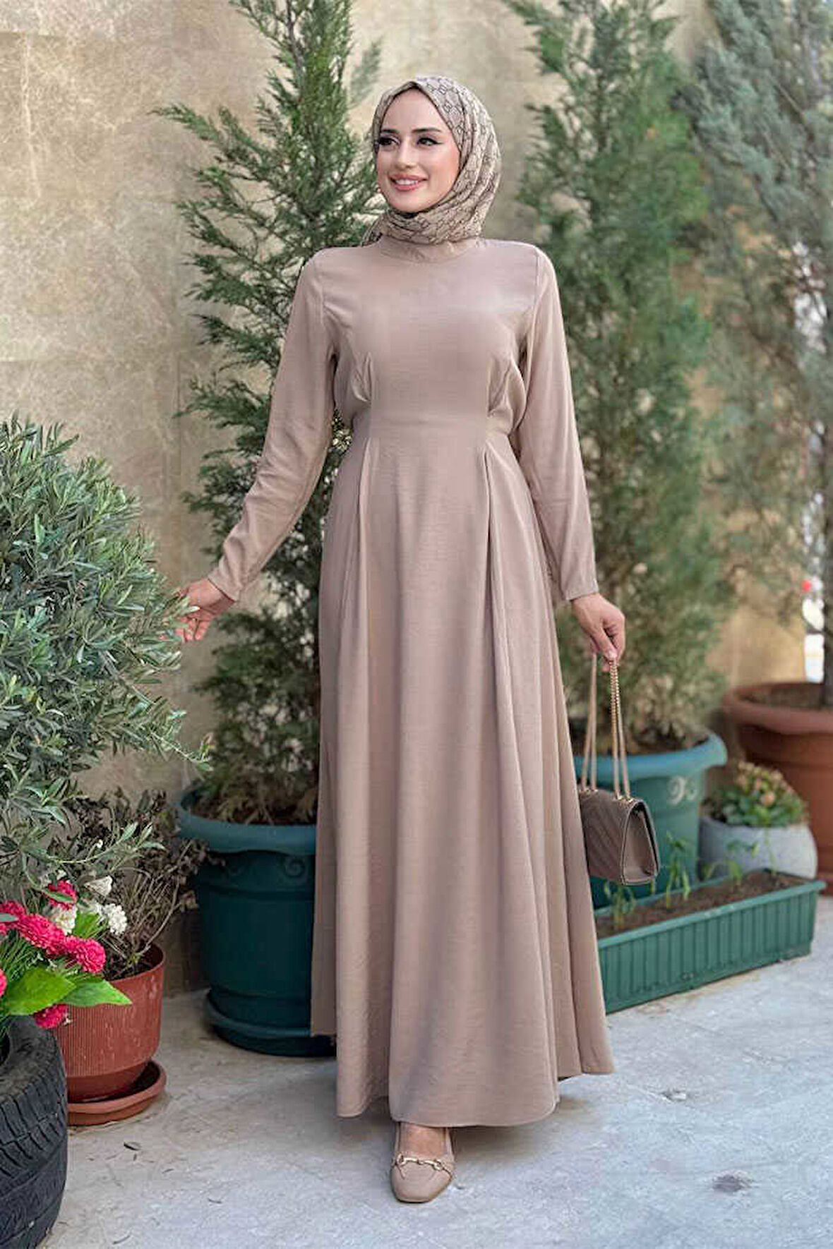 Bel Kuşaklı Kol Fermuar Detaylı Elbise 6041 Vizon