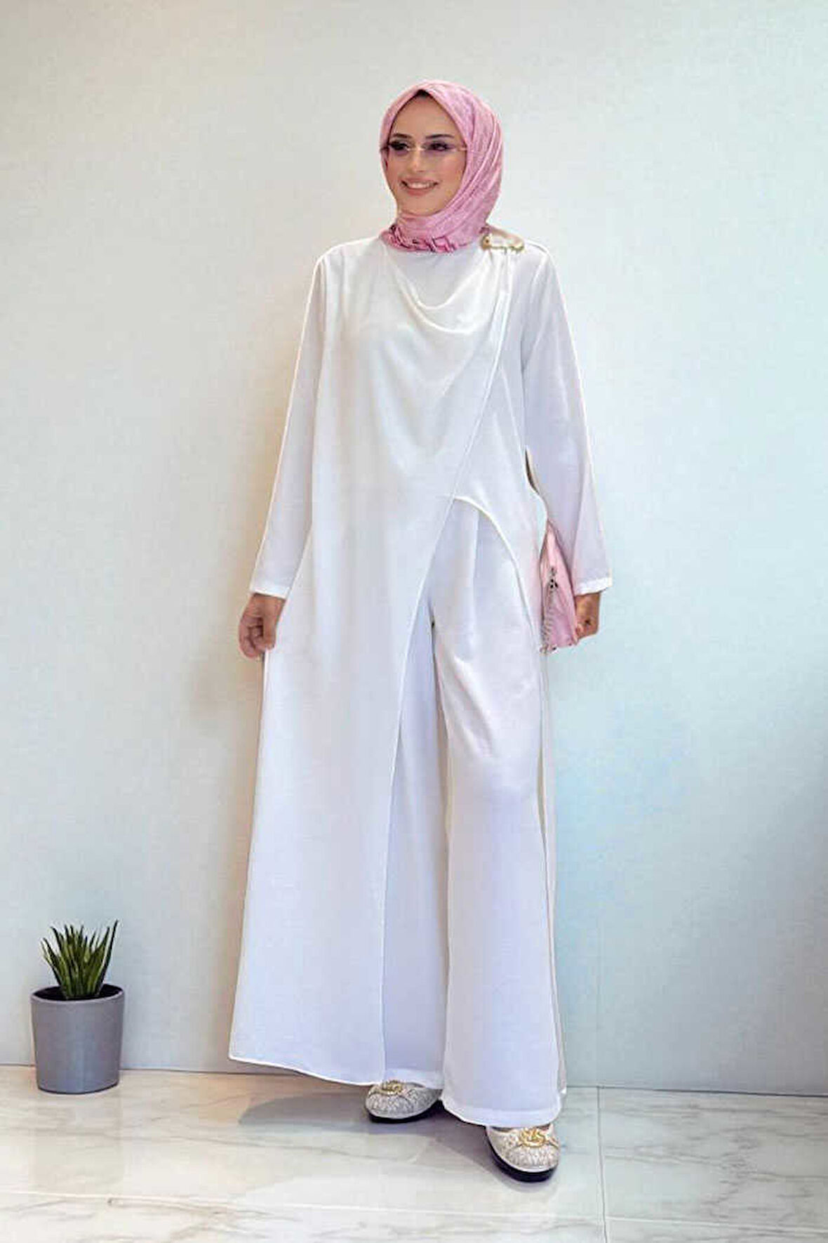 Tek Omuz Gold Toka Detaylı Tunik Pantolon Takım 8698 Ekru