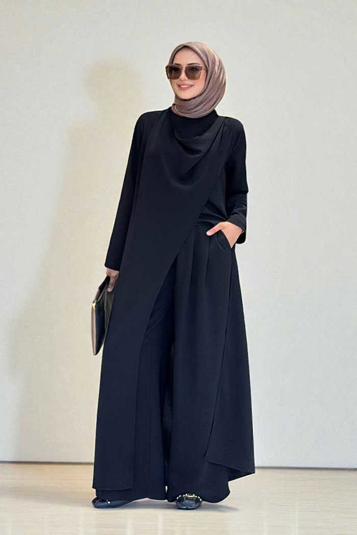 Tek Omuz Gold Toka Detaylı Tunik Pantolon Takım 8698 Siyah