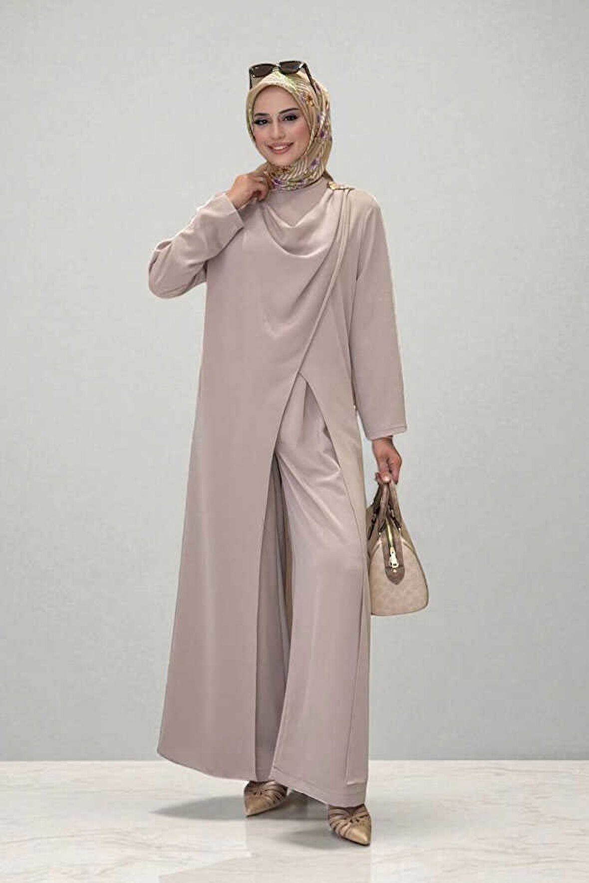 Tek Omuz Gold Toka Detaylı Tunik Pantolon Takım 8698 Vizon