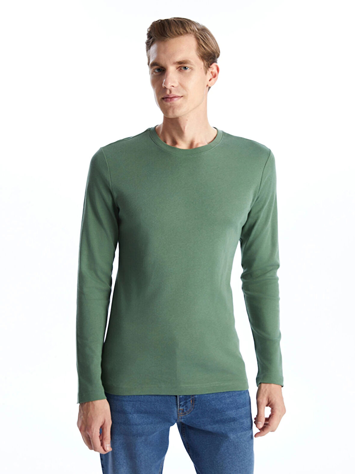 LCWAIKIKI Basic Yeşil Bisiklet Yaka Uzun Kollu Penye Erkek Tişört