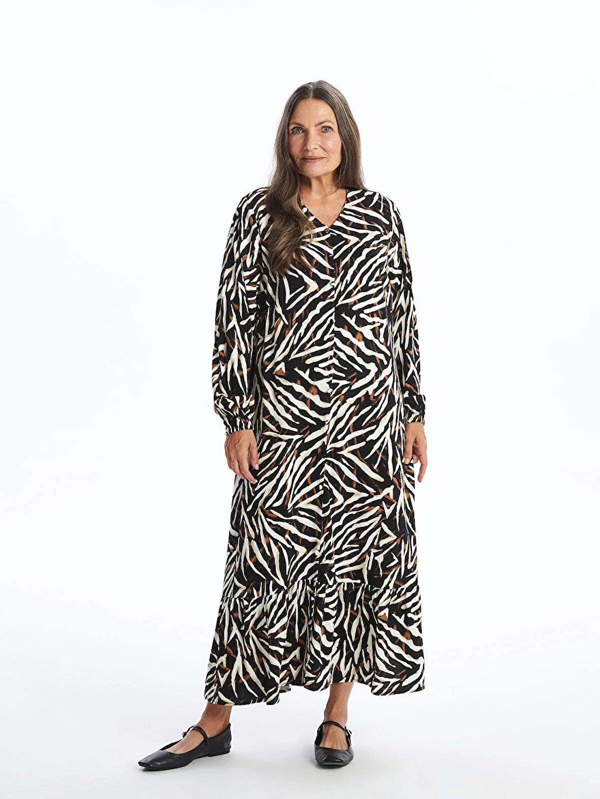 LCW Grace KAHVERENGİ V Yaka Desenli Kadın Elbise