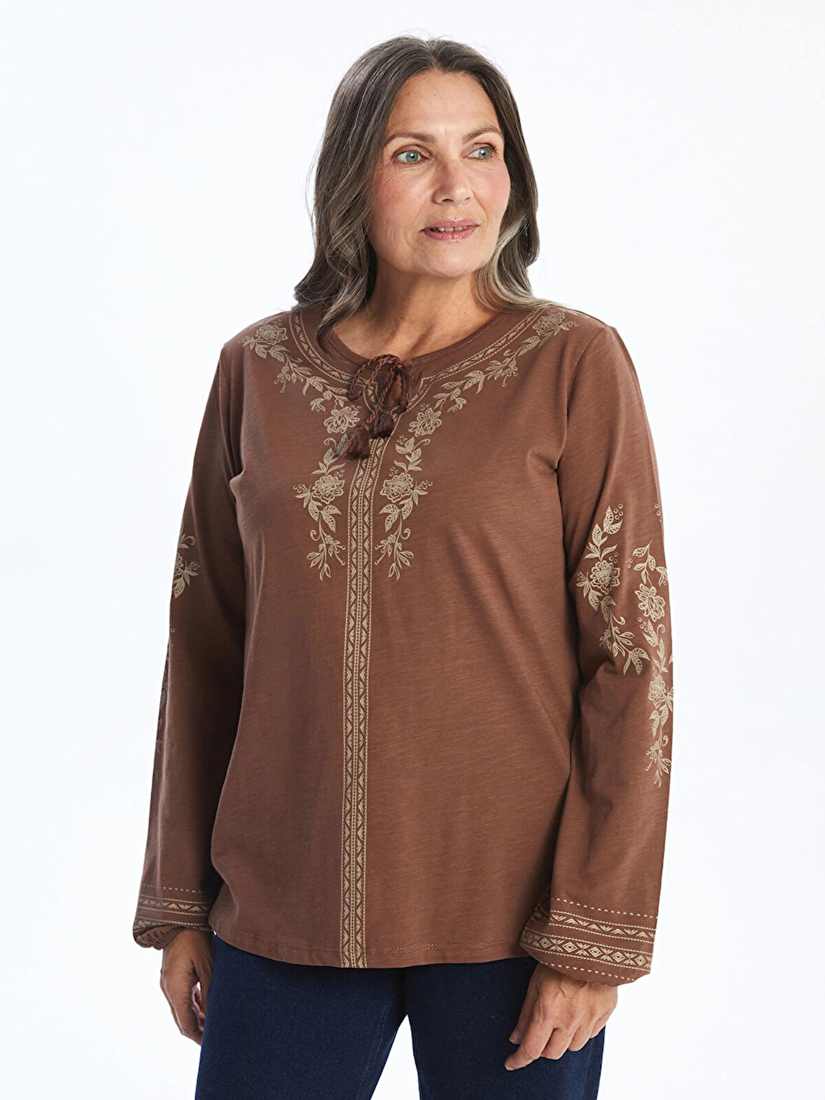 LCW Grace KAHVERENGİ Bağlamalı Yaka Desenli Kadın Bluz