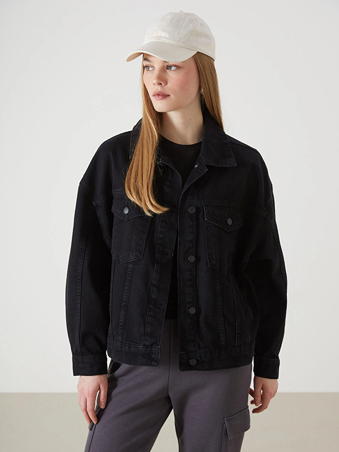 LCW Vision Siyah Gömlek Yaka Oversize Kadın Jean Ceket
