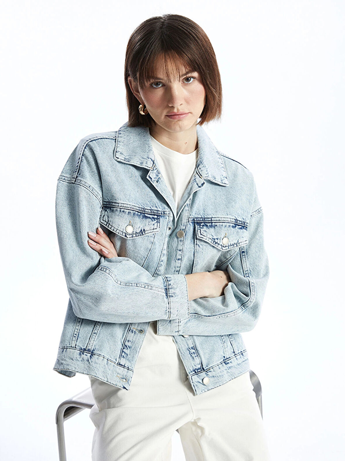 LCW Vision Indigo Gömlek Yaka Oversize Kadın Jean Ceket