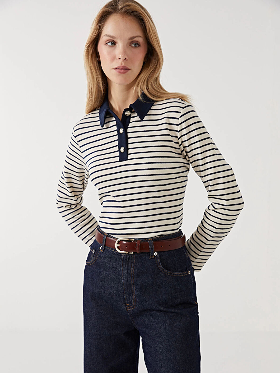 LCWAIKIKI Basic LACİVERT Polo Yaka Çizgili Kadın Tişört