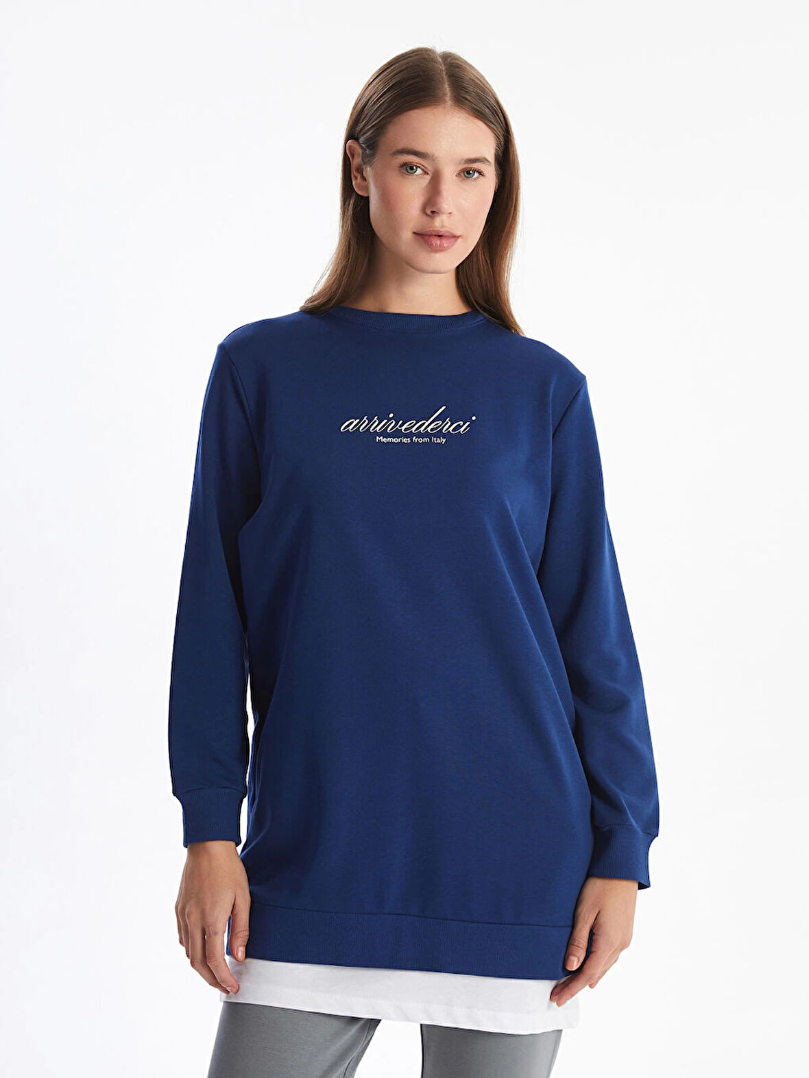 LCW Modest Lacivert Bisiklet Yaka Baskılı Kadın Sweatshirt Tunik
