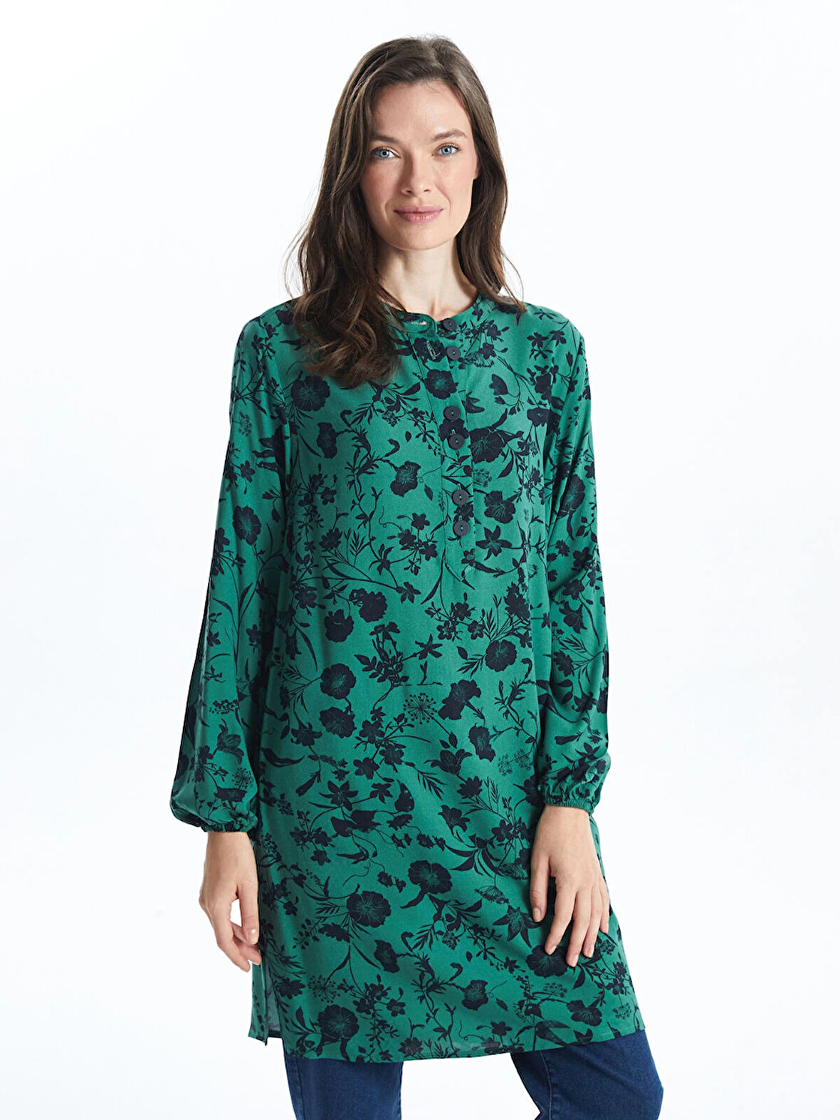 LCW Grace YEŞİL Bisiklet Yaka Çiçekli Kadın Tunik