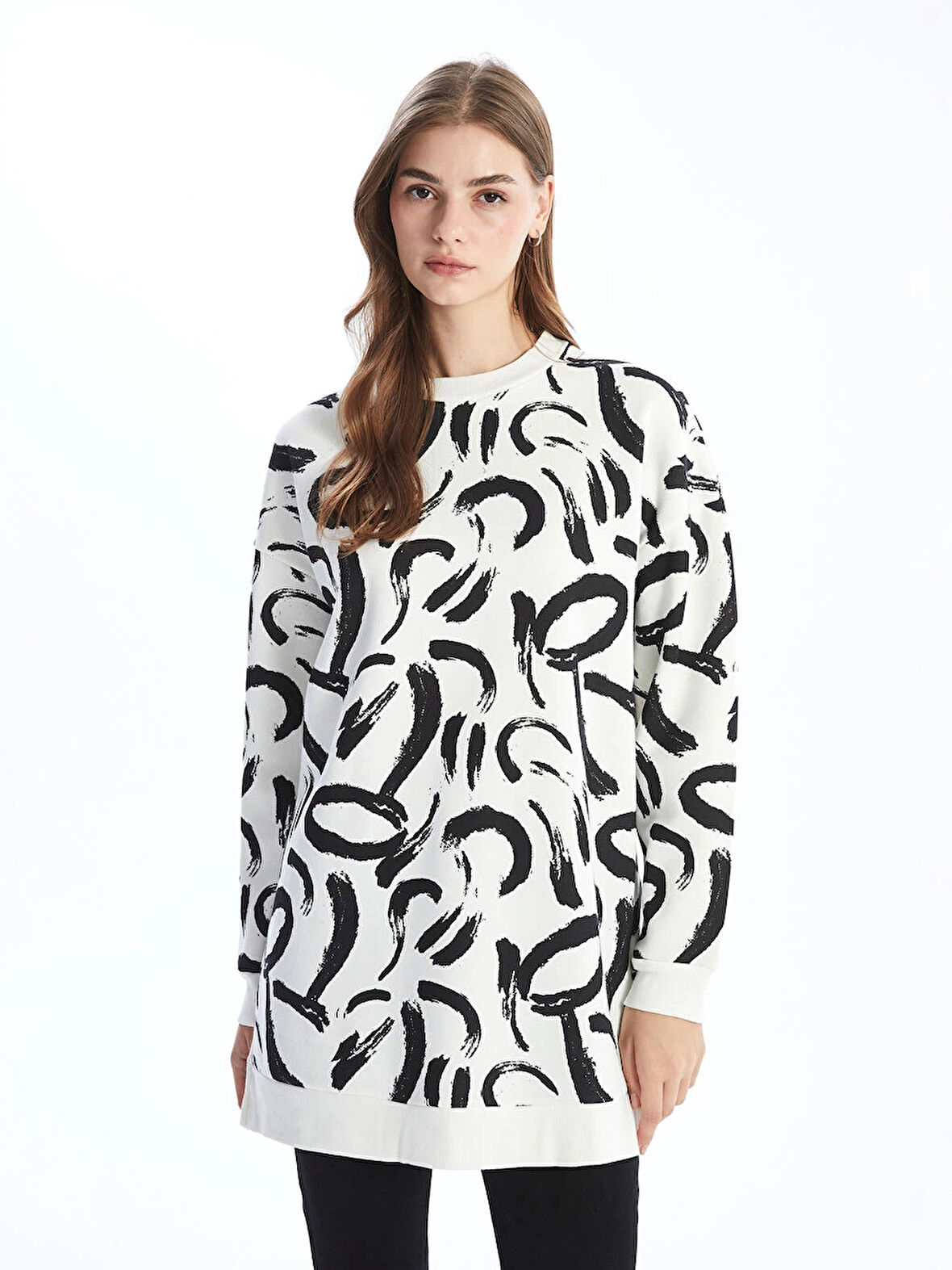 LCW Modest Ekru Bisiklet Yaka Desenli Kadın Sweatshirt Tunik