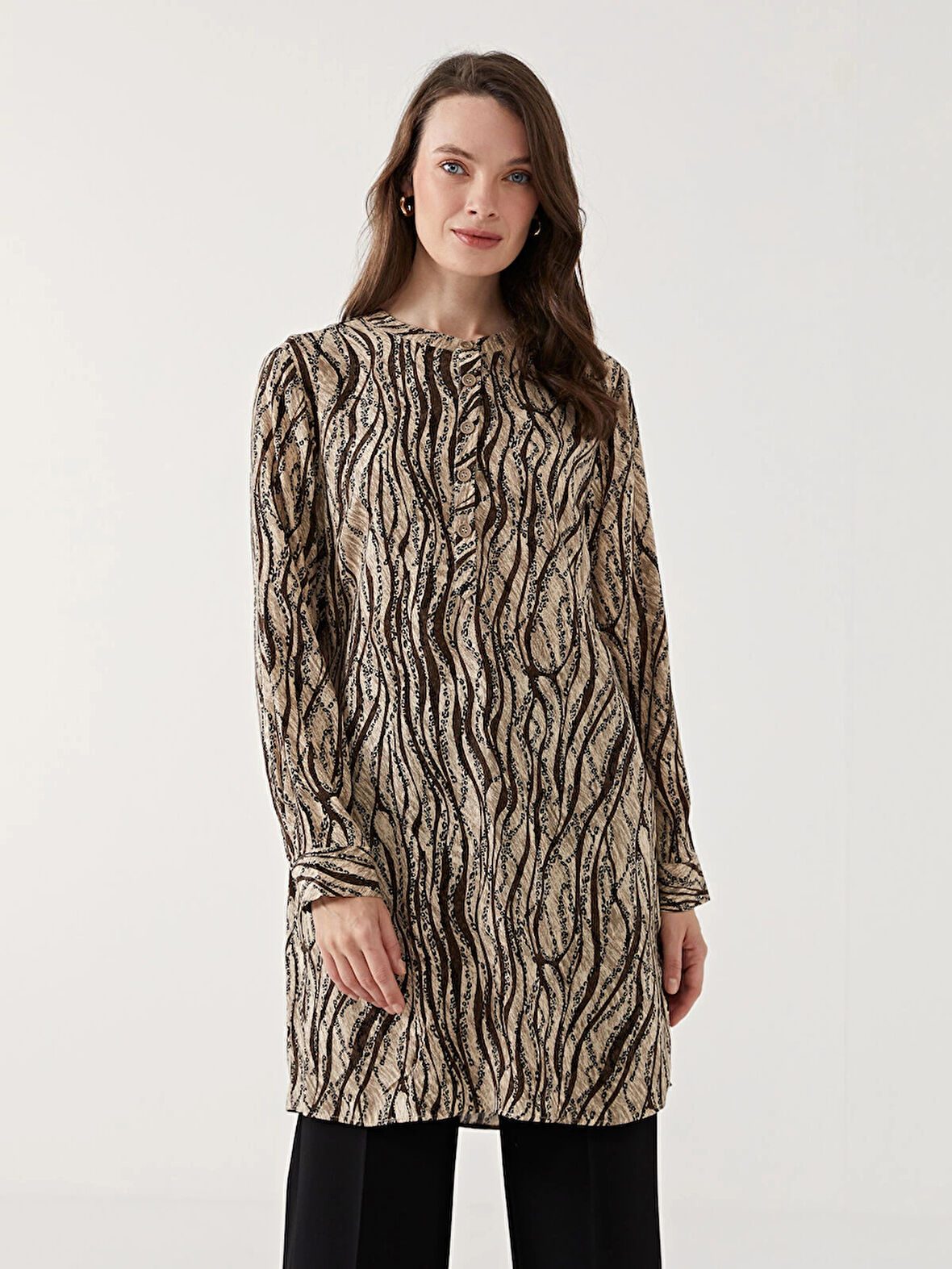 LCW Grace KAHVERENGİ Hakim Yaka Desenli Kadın Tunik