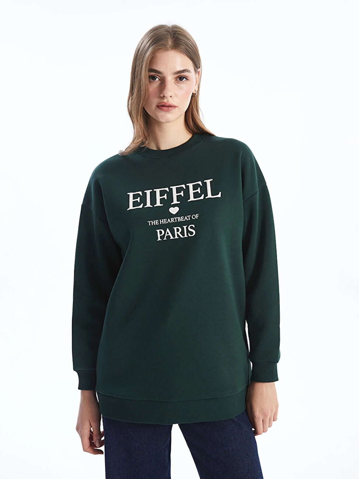 LCW Modest Yeşil Bisiklet Yaka Baskılı Oversize Kadın Sweatshirt Tunik