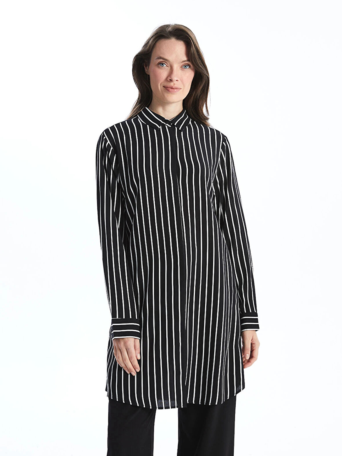 LCW Grace SİYAH Çizgili Poplin Kadın Gömlek Tunik
