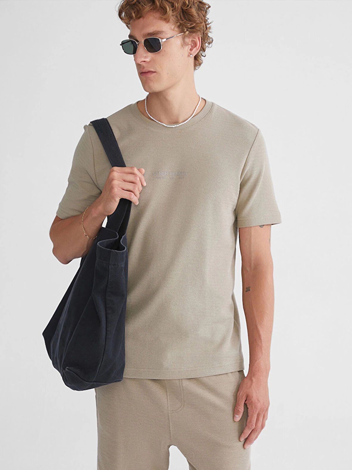 XSIDE Bej Bisiklet Yaka Kısa Kollu Baskılı Erkek Tişört